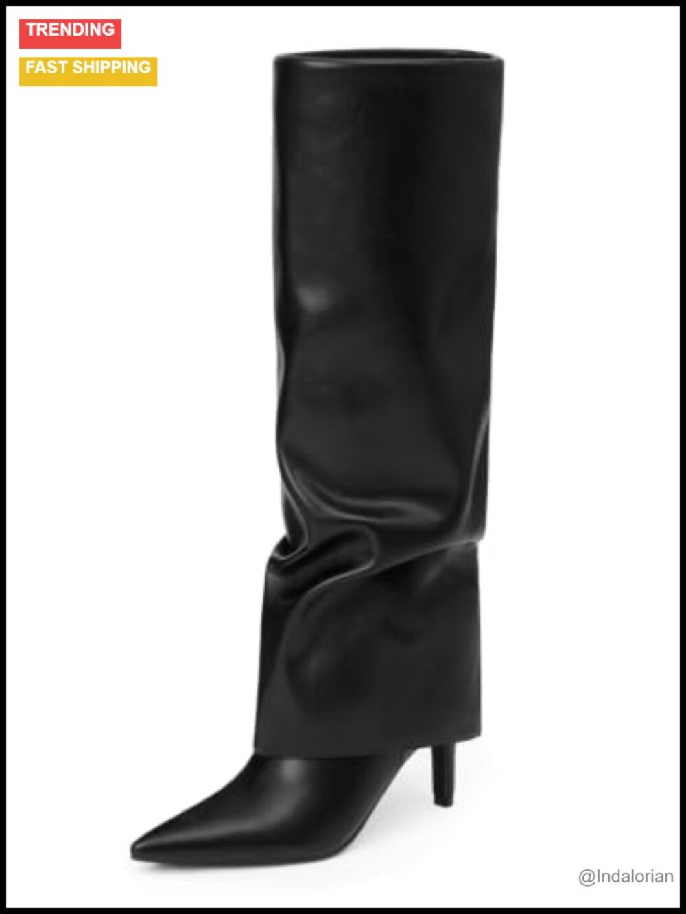 Women Slouchy Knee High Faux Leather Kitten Heel Boots Pointed Toe Zip